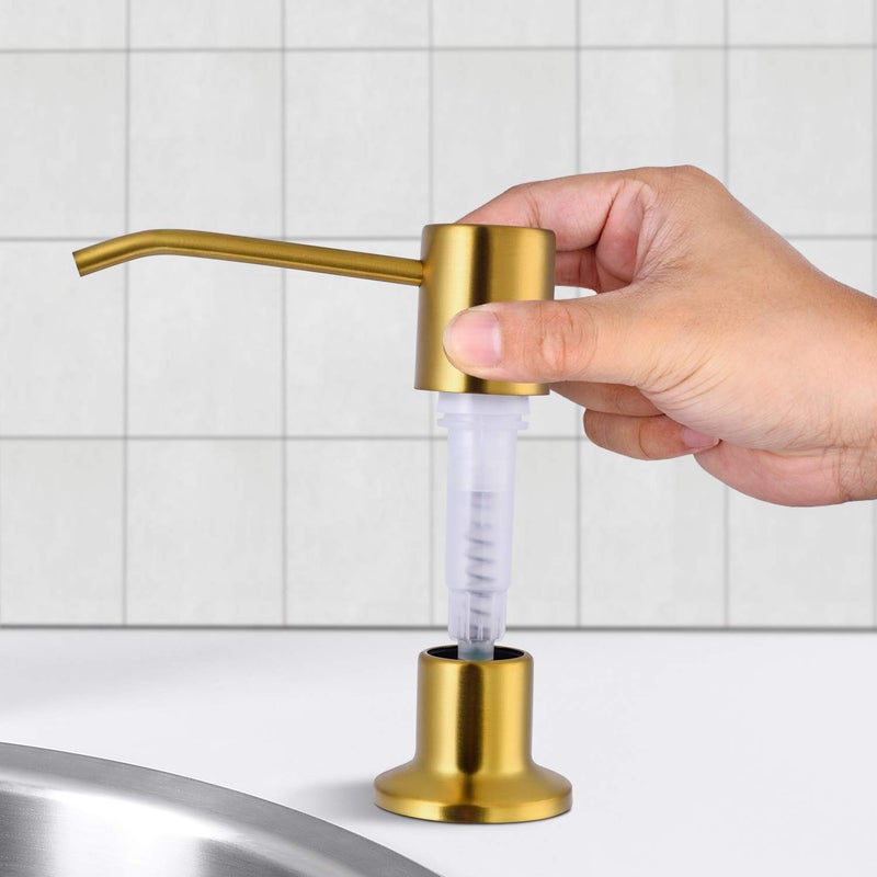 SAMODRA Soap Dispenser for Kitchen Sink, Premium Stainless Steel Pump Head 17 OZ Bottle 3.15 Inch Threaded Tube for Granite Thick Deck Installs (Brushed Brass) - Image 3